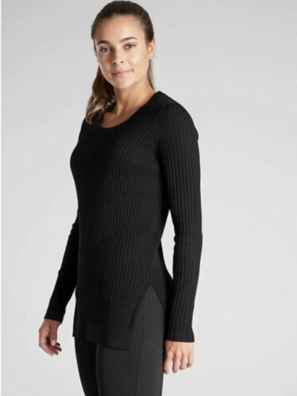 ATHLETA Black Lincoln Park Ribbed Scoop Neck Long Sleeve Top Sweater Pullover L